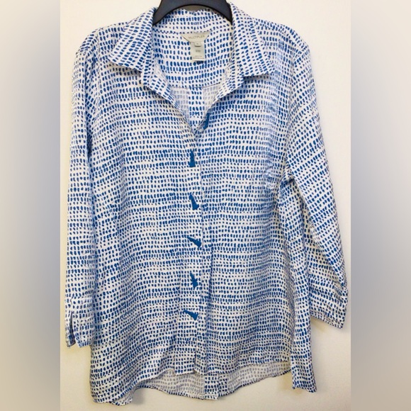 Múltiples blue white button down blouse with back button detail  XL Rayon nylon - Picture 1 of 7